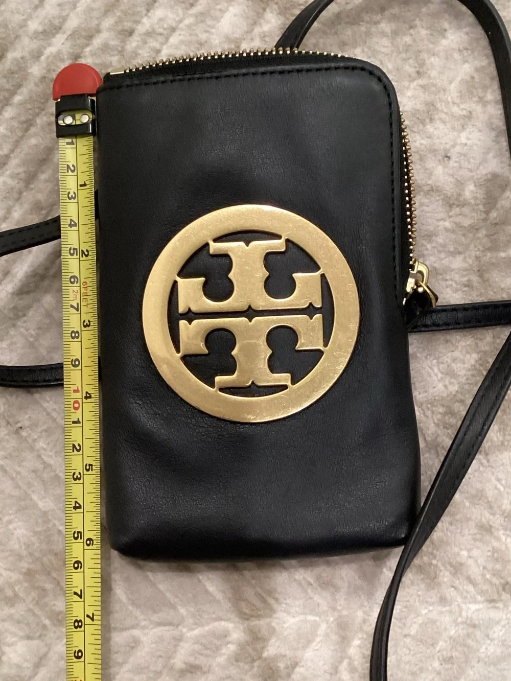 Tory Burch Black Leather Mini Crossbody with Gold Logo Medallion